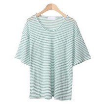 시크블랙 여성용 드레미 스트라이프 린넨 티셔츠 T7178K16