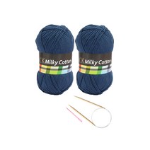 브랜드얀 요정모자 핸드워머 DIY세트 밀키코튼 블랙라벨 2p + 고급 줄바늘 5.0mm + 플라스틱 돗바늘 랜덤 발송, 블루진