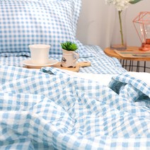 라몬떼 썸머 체크 뱀부 순면 프릴 누빔이불, 블루