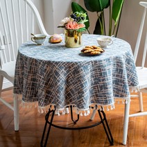윰스 태슬 디자인 원형 식탁보, 블루, 지름 140cm