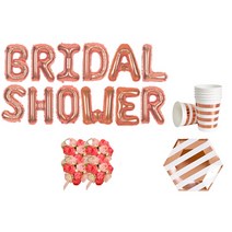 브라이덜샤워 소품 패키지 BRIDAL SHOWER 풍선 로즈+ 꽃팔찌 미니로즈 핑크 4p + 테이블웨어 로즈골드, 혼합색상, 1세트