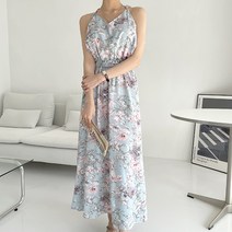 아뗄릭 바캉스룩 허리 밴딩 슬림핏 플라워 뒷트임 나시 미디 원피스 13824