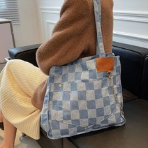 빈티지 데님 체크 패션 빅 숄더백