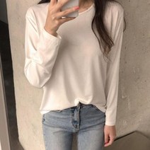 체리체리 여성용 찰랑 소프트 기본 유넥 무지 긴팔 티셔츠