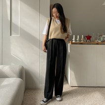 여성용 베이직 와이드 핀턱 벨트 슬랙스