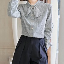 페이퍼먼츠 체크 리본 진주넥 오피스 블라우스 01623