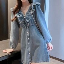 메이첼 브이넥 프릴카라 벌룬 데님 미니 원피스 00591