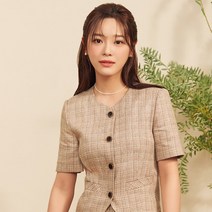 로엠 여성용 컬러리스 반팔 체크 크랍자켓