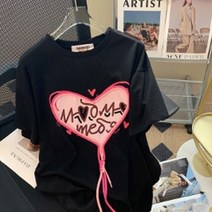 메이첼 여성용 입체 하트 로프 레터링 라운드 반팔 티셔츠 00765