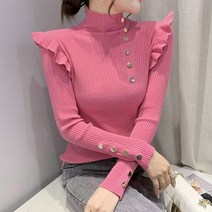 메이첼 여성용 숄더프릴 반폴라 긴팔 니트 티셔츠 01464