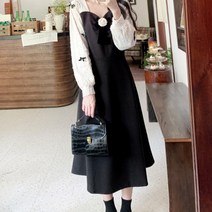 메이첼 빅사이즈 리본 로즈 배색 롱 원피스 01454