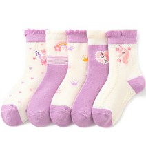 여아용 뿜뿜삭스 퍼플 유니콘 공주 양말 5켤레 세트 H23