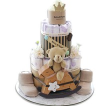 베이비베이커리 유아용 목마탄 곰돌이 2단 기저귀케익 백일, 화이트, 베이지, 브라운