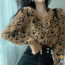 비비에모 여성용 와일드 레오파드 겨울 숏 니트 가디건 02333