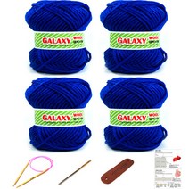 행복뜨기 갤럭시울 털 뜨개실 4볼 + 대바늘 6mm + 돗바늘 + 가죽라벨 + 목도리도안 세트, 2909 파랑, 1세트
