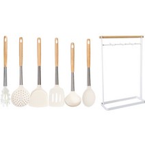 라임올리브 실리콘 스텐 조리도구 6종 + 조리도구 걸이 세트, 화이트, 국자 + 주걱 겸 뒤집개 + 타공 뒤집개 + 조리스푼 + 면 건지개 + 망 건지개 + 조리도구 걸이