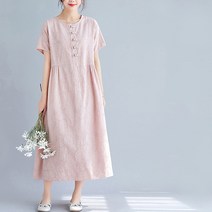 레몬소울 신디 린넨 라운드 버튼 반팔 롱 원피스