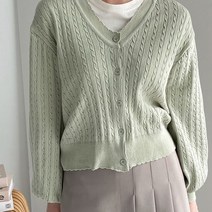 뜨개진 여성용 부드러운 소매퍼프 꽈배기 스칼럽 브이넥 카멜 가디건