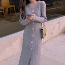 페이퍼먼츠 골지 롱 버튼 브이넥 트임 니트 원피스 13605