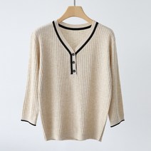 여성용 기본핏 브이넥 데일리룩 소매 배색 쓰리버튼 지디단추 7부 니트 n1901