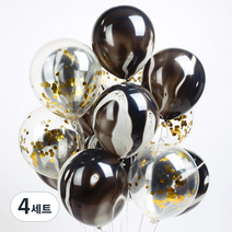 파티해 마블 컨페티 풍선 15p + 손펌프 랜덤발송 +컬링리본 + 스펀지닷 세트, 블랙, 4세트