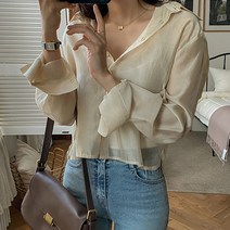 여성용 세미 크롭 카라넥 실키 셔츠