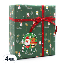 피크닉앤패키지 포장지 8p + 리본 6m + 스티커 8p 세트, 산타마을(포장지), xmas메달(스티커), 레드(리본), 4세트