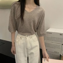 레몬소울 여성용 레이리 브이넥 니트 반팔티