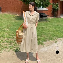 보에리에 여성용 바스락 허리 스트링 오버핏 반팔 후드 롱 원피스