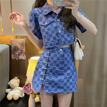 여성용 블랙101 하트 체크 반팔 투피스 세트 B235WF00457