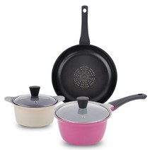 키친아트 프리미엄 파스텔 컬렉션 세트 3개, 양수냄비 16cm + 편수냄비 18cm + 프라이팬 28cm, 베이지(양수), 와인(편수)