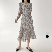 플랜데이 여리무드 라운드 나염 패턴 쉬폰 롱 원피스