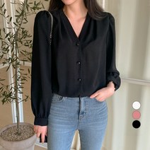 베러스윗 브이넥 퍼프셔링 무지 블라우스