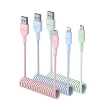 morac 트리플 롤롤 USB-5핀 + USB-8핀 + USB-C타입 고속 충전 케이블 세트, 핑크, 블루, 민트, 1세트