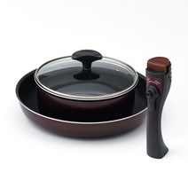 퀸센스 홈앤캠핑 냄비 프라이팬세트 매직핸들 4P, 브라운, 냄비 20cm + 프라이팬 28cm + 유리뚜껑 + 멀티 핸들