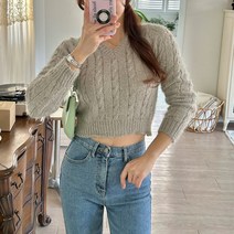 여성용 럽스 리솔 크롭 브이넥 꽈배기 니트