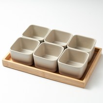 키올리 도자기 소분 정사각 반찬 접시 6p + 우드 트레이 세트, 접시 6p + 트레이, 매트 그레이, 1세트