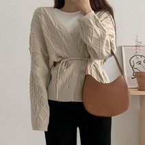 에이와비 여성용 허그 꽈배기 숄 가디건 + 끈