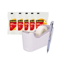 쓰리엠 스카치 탁상용 테이프 디스펜서 C18 + 다용도 테이프 리필 550 12mm x 20m 5p + 모나미 플립 3색 볼펜 0.5mm 세트, 라벤더(디스펜서), Lavender(볼펜), 1세트