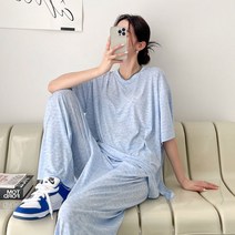 여성용 멜란지 홈웨어 원마일룩 옆트임 반팔 + 롱 팬츠 세트
