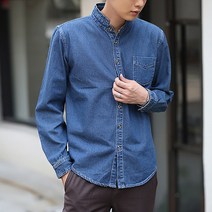 플레이즈 남성용 차이나카라 버튼 청 데님 셔츠