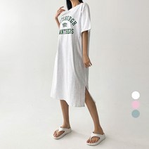 플랜데이 여성용 마실룩 홈웨어 핏 레터링 반팔 롱 원피스