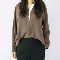 빅걸스토리 여성용 긴팔 차이나 카라 브이넥 여리한 마르 블라우스