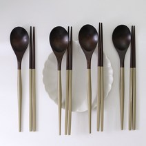 이우아여사 옻칠 파스텔컬러 나무수저 4세트, 올리브그린, 숟가락 4p + 젓가락 4p