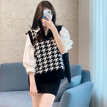 박스핏 하운드 체크 브이넥 조끼
