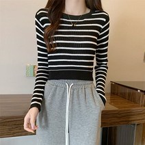 레몬소울 여성용 베런 스트라이프 라운드 니트티