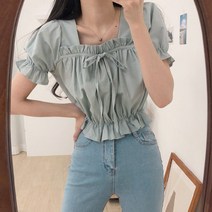 러블리 리본 프릴 코튼 반팔 블라우스