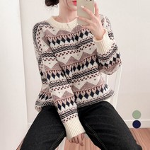 밀키버터 여성용 도톰 노르딕 패턴 라운드 니트