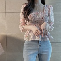 여신 플로랄 레이스 7부 주름 블라우스