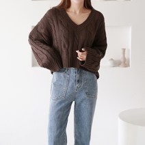 여성용 럽스 모하나 박시핏 꽈배기 브이넥 니트